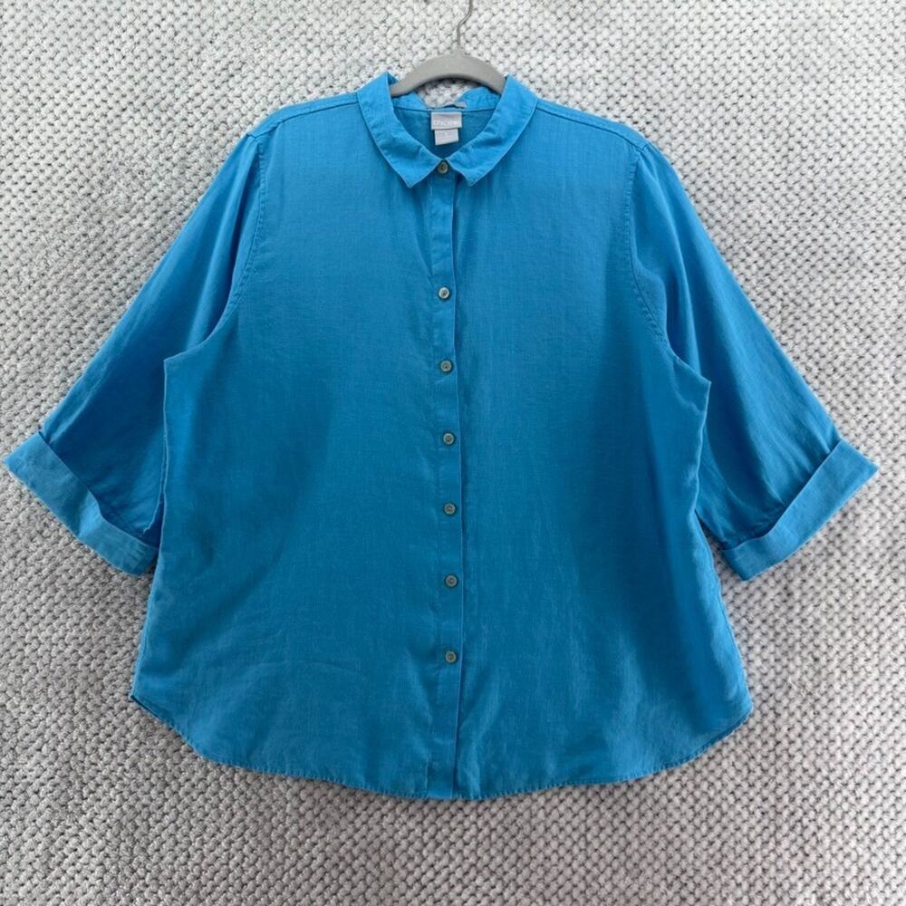 Chicos Top Women 3 US16/XL Blue Linen Non Iron Button Front Collared 3/4 Sleeve